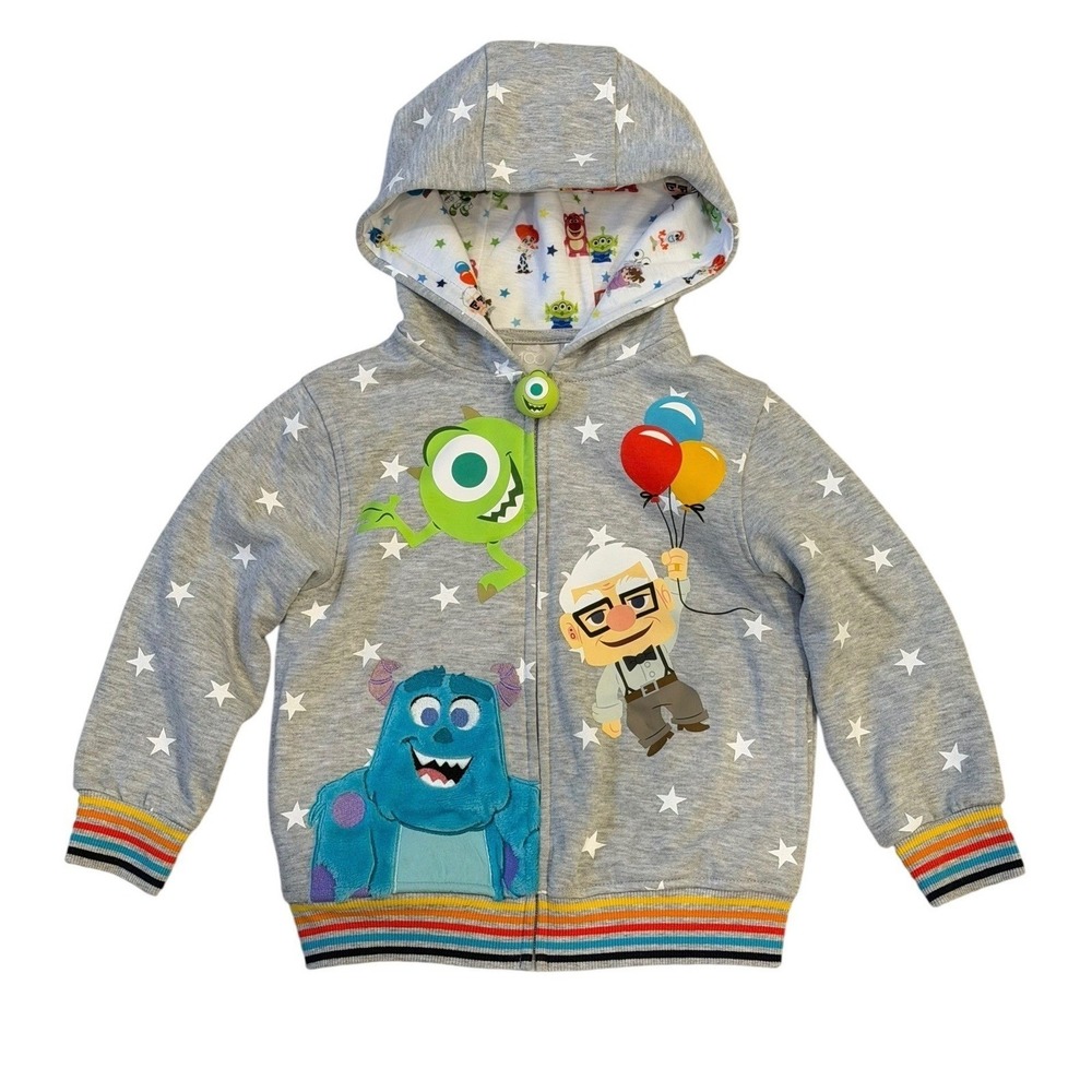 Disney Pixar 100 Stars Zip Hoodie Boys Size 5 Gray‎ Monsters Inc Up Toy Story